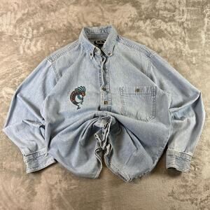 Distressed Vintage Three Rivers Casual Shirt Mens Small Blue Denim Tribal Art